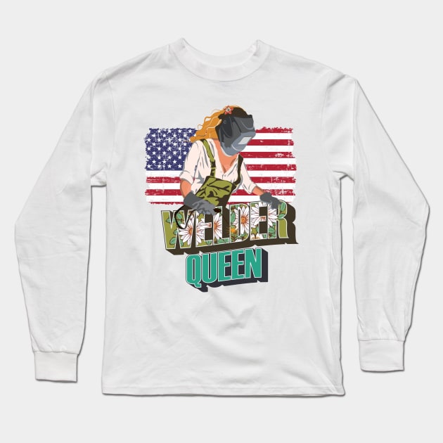 Welder queen floral pattern 90s retro style Usa flag welders Long Sleeve T-Shirt by HomeCoquette